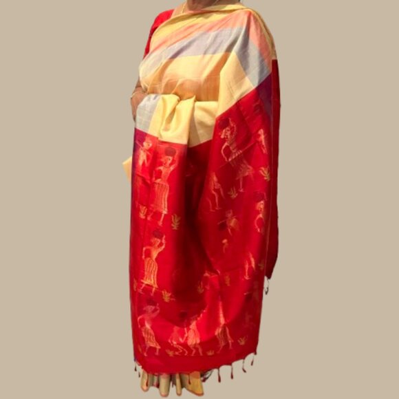 Butter yellow Red Cotton Silk Saree with Tribal Motif diwali pastel haldi - Picture 9 of 17